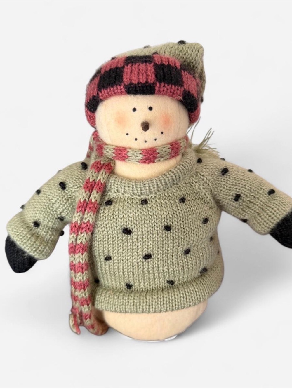 Plush Snowman Figurine in Olive Green Knit Outfit Decor Holiday